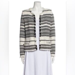 IRO Black & White Striped Tweed Jacket Cardigan with Frayed Edges Size 38